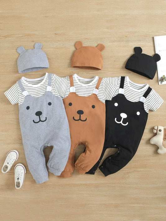 Baby 3D Ear Design Stripe And Cartoon Graphic 1 Jumpsuit With 1 Hat